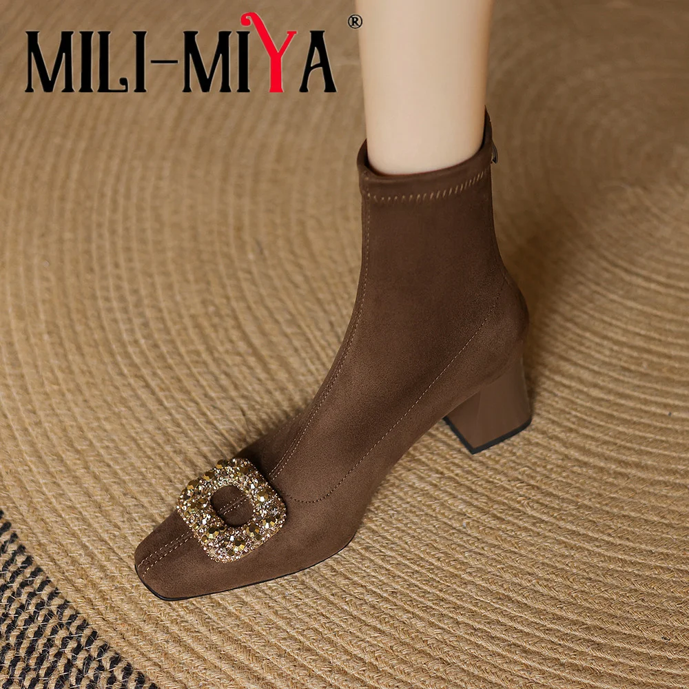 MILI-MIYA Women's Suede Chunky-Heeled Square-Toe Rhinestone-Embellished Buckle Stretch Ankle Boots Solid Color Plus Sizes 34-42