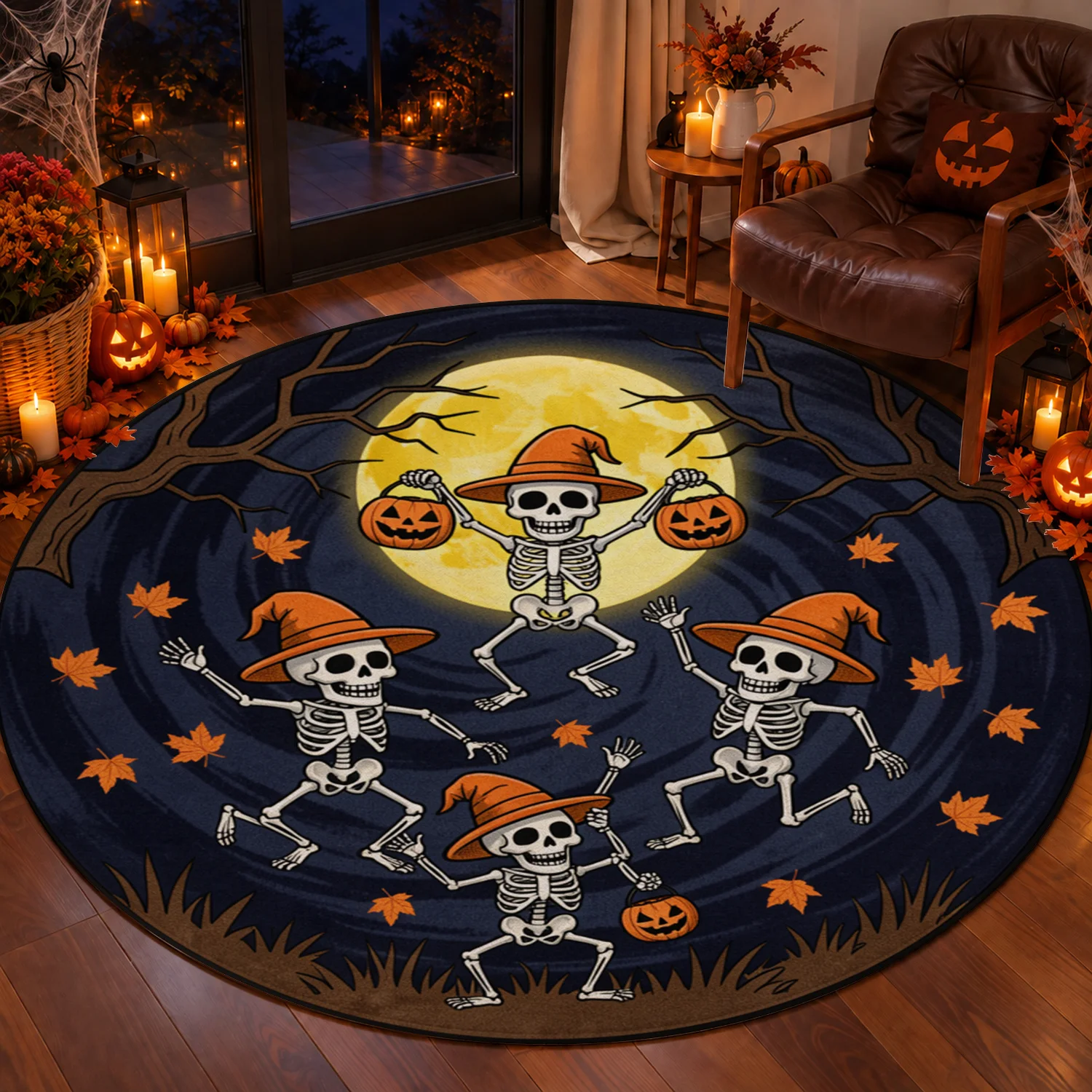 Dancing Skeletons Pumpkins Moon Round Velvet Rug Machine Washable Living Room Bedroom Entryway Halloween Thanksgiving Black Friday Cyber Monday Christmas New Year