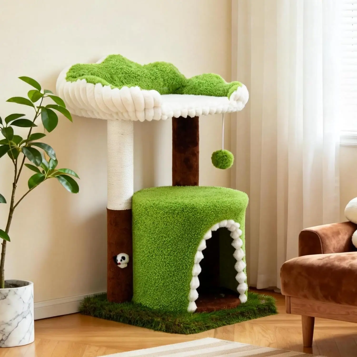 

Многоуровневый кошачий комплекс с сизалевой когтеточкой, маленькая кошачья башня с уютным домиком, мягкой верхней полкой и интерактивной игрушкой