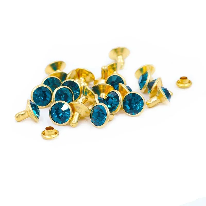 

100Sets 8mm Blue Zircon Crystal Rhinestone Rivets Golden Metal Base Studs Clothing Bag Leathercraft Rivet Decorative Beads