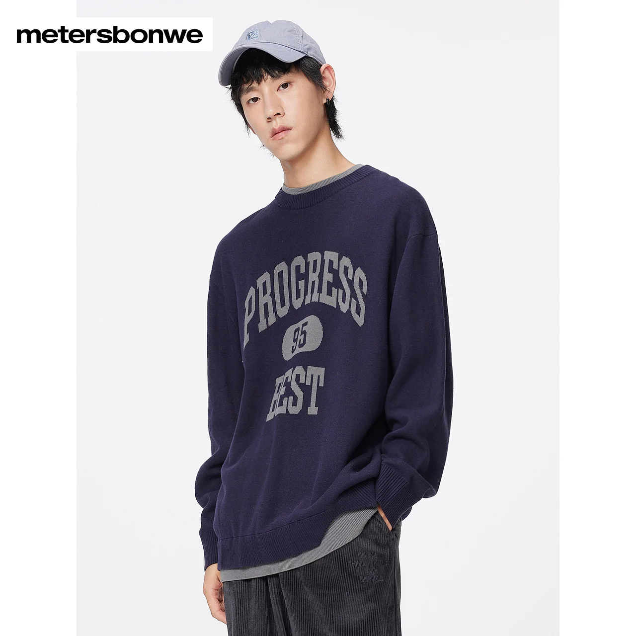 Metersbonwe-Men's Crewneck Fake Two-Piece Sweater Jumper Loose Fashion Comfortable Pullover Letter Logo Campus Casual Winter