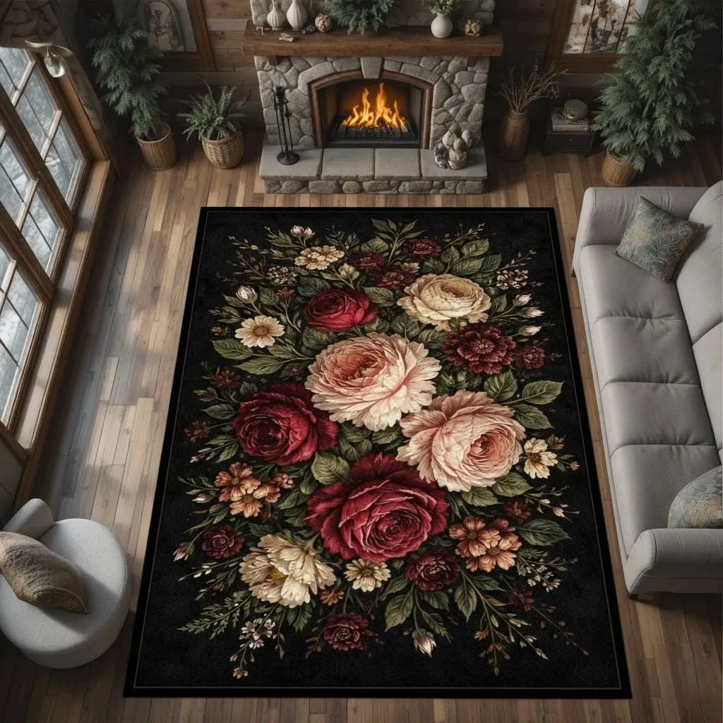 Vintage Rose Floral Area Rug Gothic Black Luxury Bouquet Flower Carpet For Living Room Baroque Bedroom