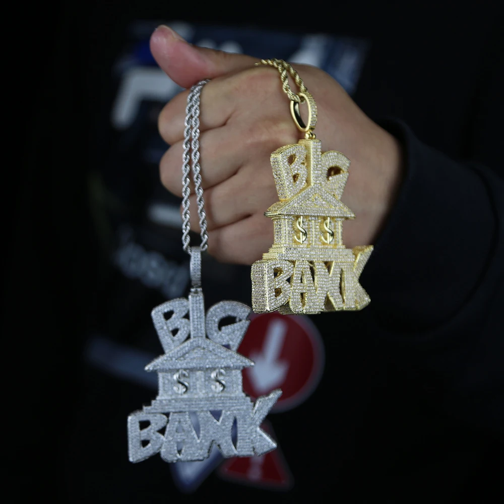 2025 Iced Out Bling 5A Cubic Zircon Paved Letter Big BANK Money Pendant With Rope Chain Necklace For Fashion Men Hip Hop Jewelry