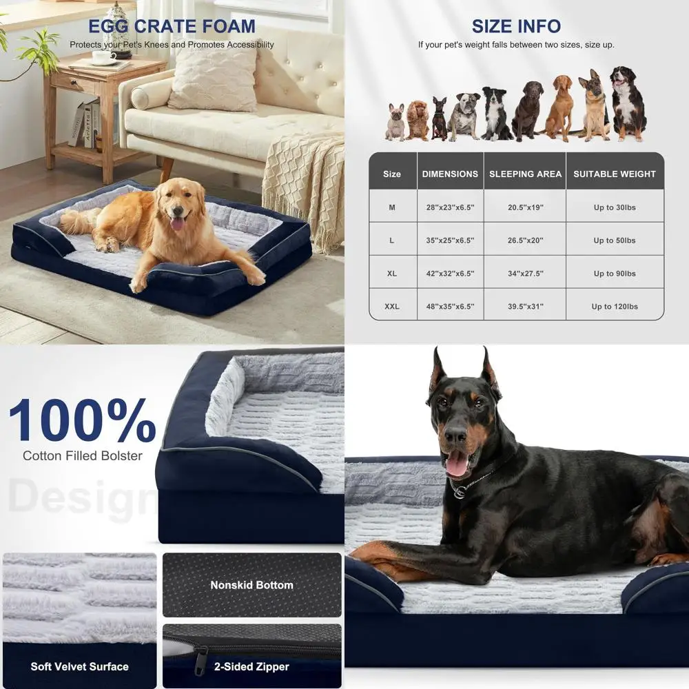 

Очень большая ортопедическая кровать для собак XL — моющийся диван с поддерживающей пеной, съемным чехлом, водонепроницаемым и нескользящим, темно-синий
