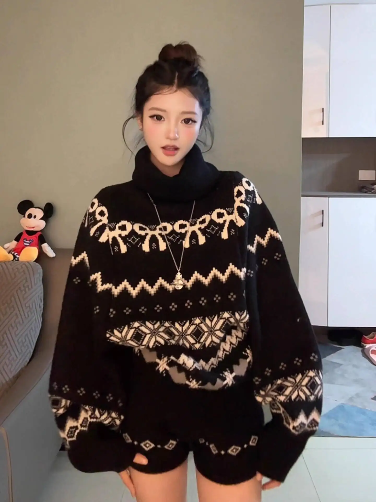 

Женский вязаный свитер с воротником, осень-зима 2022, комплект свитера в стиле ретро Fair Isle, женская водолазка, толстый теплый вязаный топ и шорты