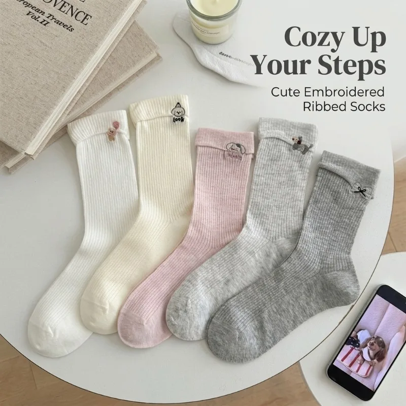 

Women's Cute Embroidered Dog Ribbed Cotton Crew Socks, Soft Breathable Casual Mid-calf Socks, Comfort Socks for Daily Wear,Gift