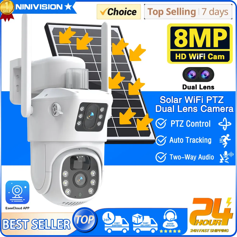 4K 8MP WiFi Solar Camera Dual Lens Dual Screen Battery CCTV Motion Detection Human Auto Tracking Surveillance Cameras