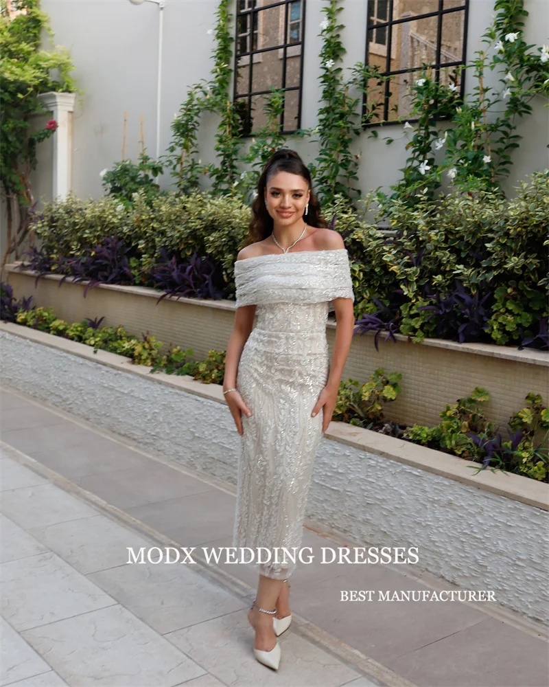 MODX Knöchellange Spitze Glitzer Abendkleider Dubai Arabisch Frauen Schulterfrei Ärmel Ballkleider Formelle Anlässe Partykleid