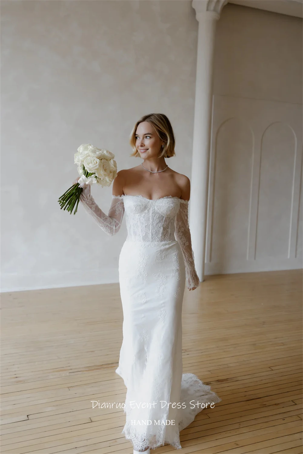 Dianruo Bodenlangen Handgemachte Hochzeit Kleid Meerjungfrau Vestido Novia Weg Von Der Schulter Applikationen Zivil Robe De Mariée Angepasst