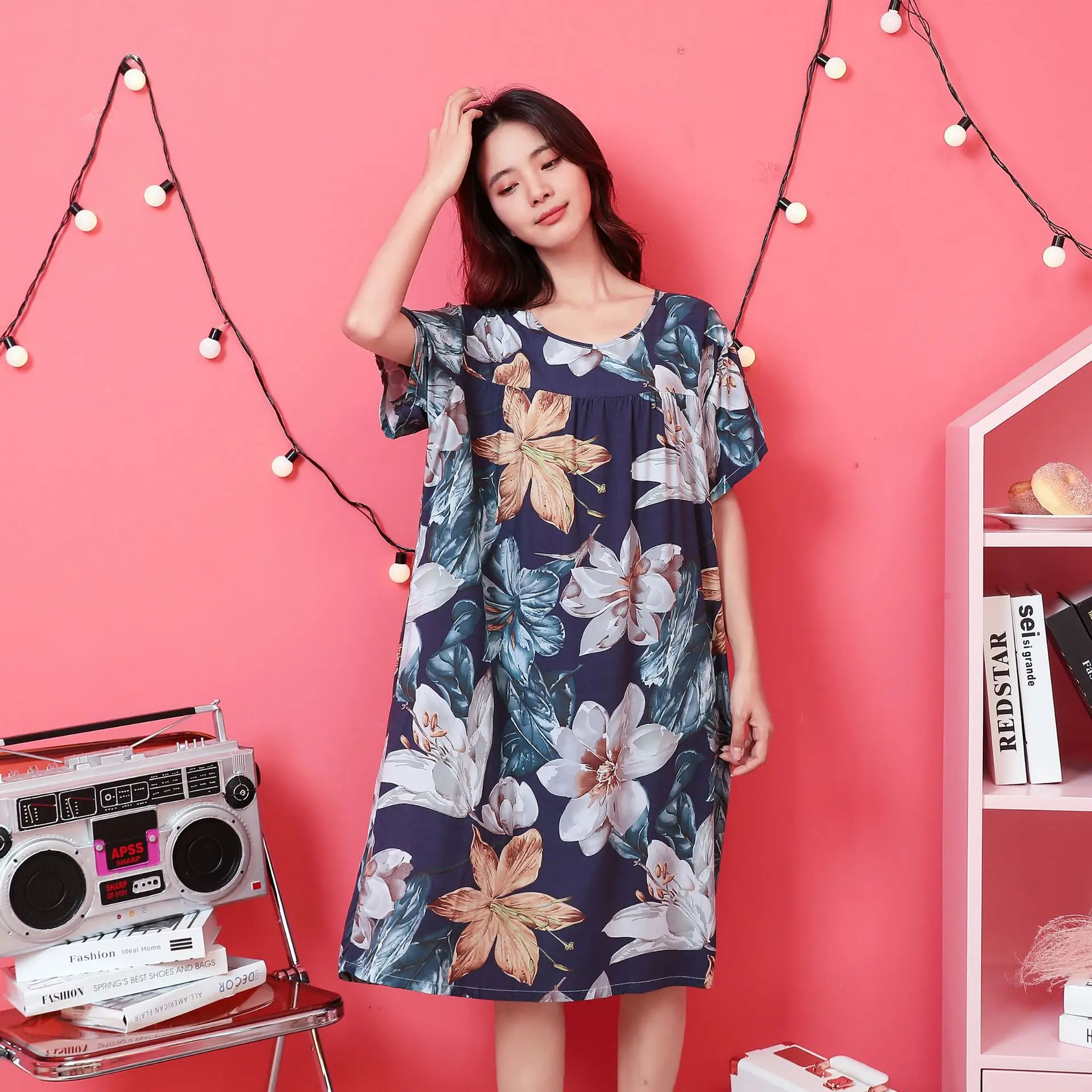 

Summer One Piece Dress Sleepwear For Sleeping Woman Thin Night Wear Printing Home Wear Dress Nightgown Printing Sleepshirt