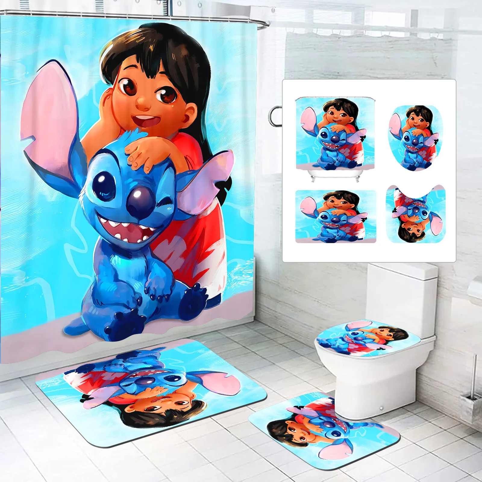 Stitch Shower Curtain for Children, Cute Anime, Luxury General Decorations, Cartoon Bathroom and Hangings Accessories, 4 PCs