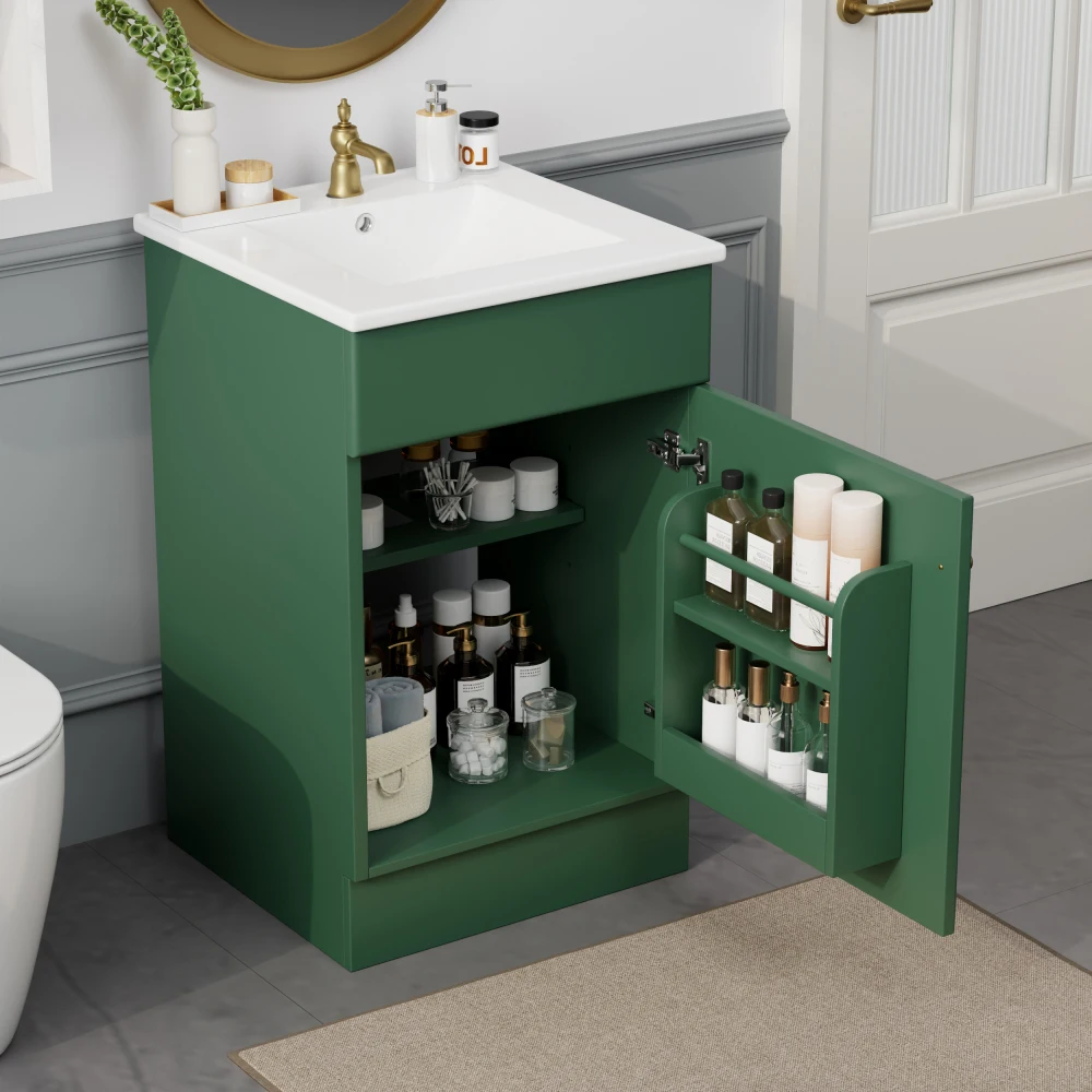 Tocador de baño de 20" con lavabo, mueble de tocador con estante de puerta y estante ajustable, verde