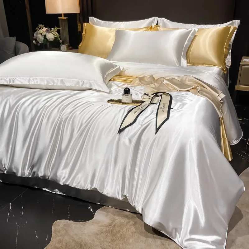 Nordic Silk Bedding Set with Duvet Cover Bed Sheet Pillowcase Luxury Couple Single Double Summer Home Textile Solid Bedsheet