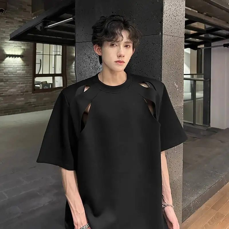 Summer Hollowout Design Casual Cool Roundneck Men's T-shirt Niche Breathable Simple Americanstyle Short Sleeve Top TX4C