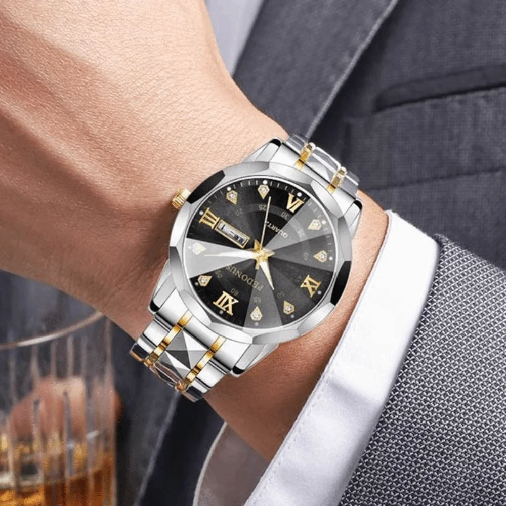 New Steel Strap Steel Strap Waterproof Double Calendar Double Calendar Round Dial Round Dial Office