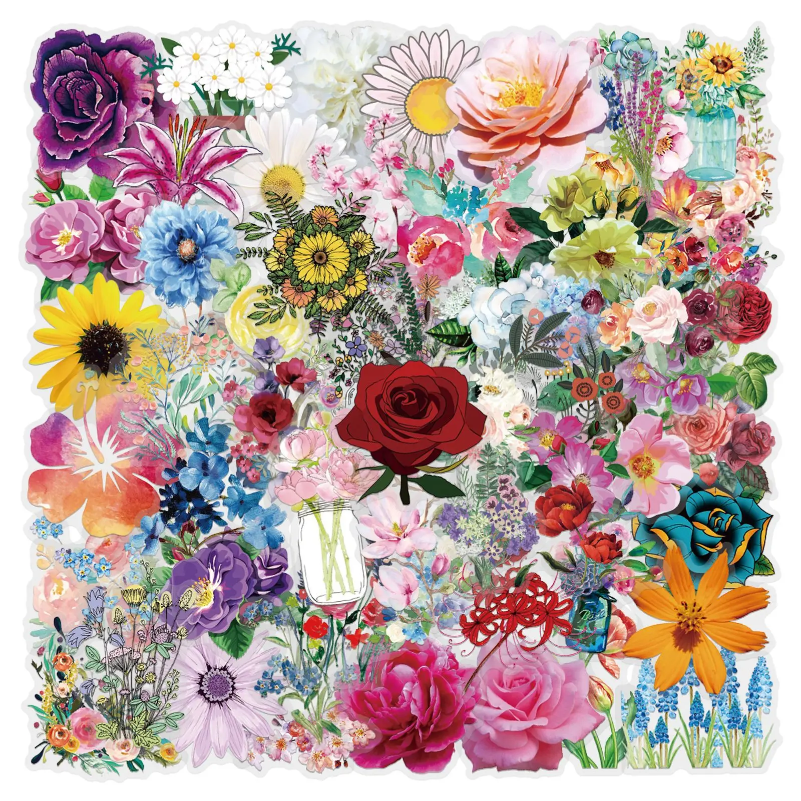 60 Stück Bunte Blumen-Aufkleber-Set Wasserfeste Transparente PET Handgemachte Blumen-Material Dekorative Aufkleber