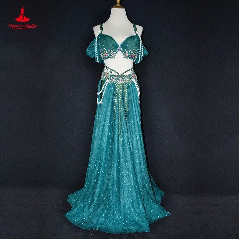 Belly Dance Performance Set for Women Original Team Competition Suit Pearl Bra+long Skirt 2pcs  Customized Belly Dancing Wear