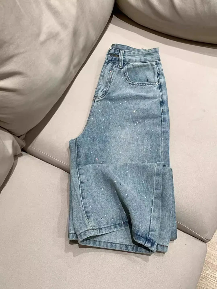 

Корейский стиль, блестящие прямые джинсы со стразами, женские модные универсальные повседневные джинсовые брюки с высокой талией, весенне-осенние брюки в стиле ретро
