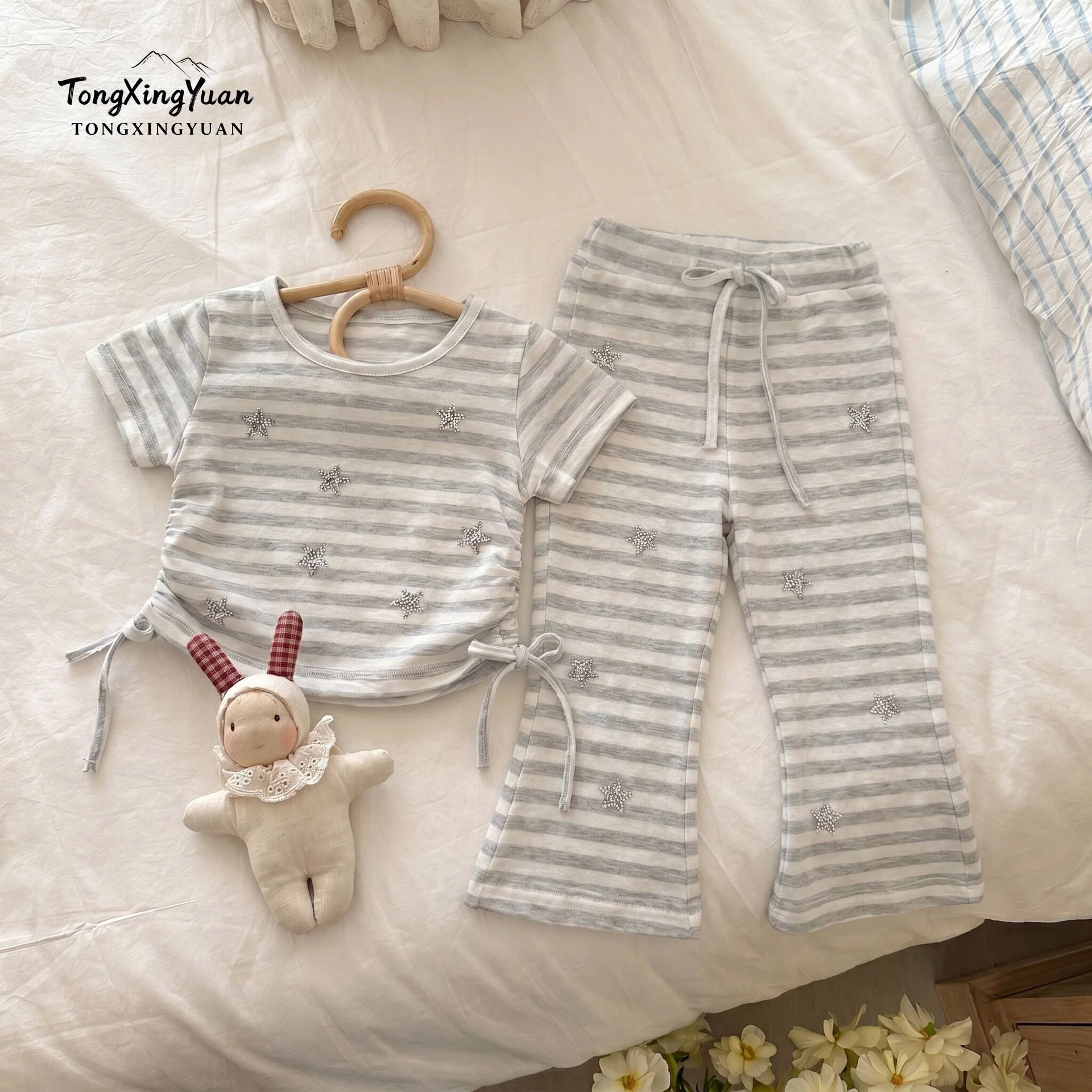 Casual Versatile Korean Baby Girl Sweet Stripe Drawstring T Shirt Flared Supermodel Pants Set