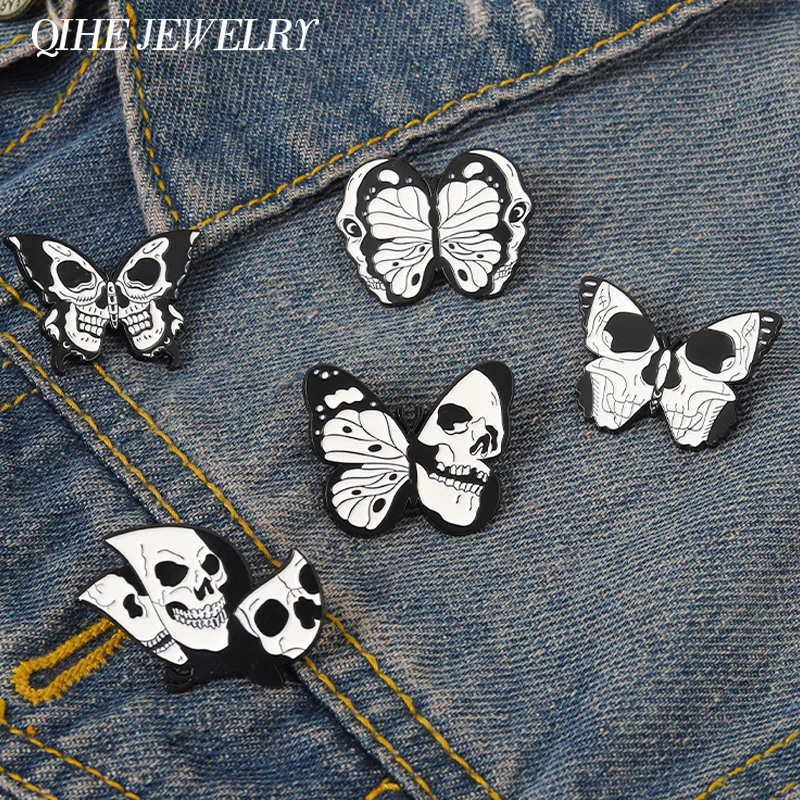 Skeleton Butterfly Enamel Pins Black Skull Custom Gothic Punk Lapel Clothes Badges Brooches Bag Hat Jewelry Gift for Kid Friends