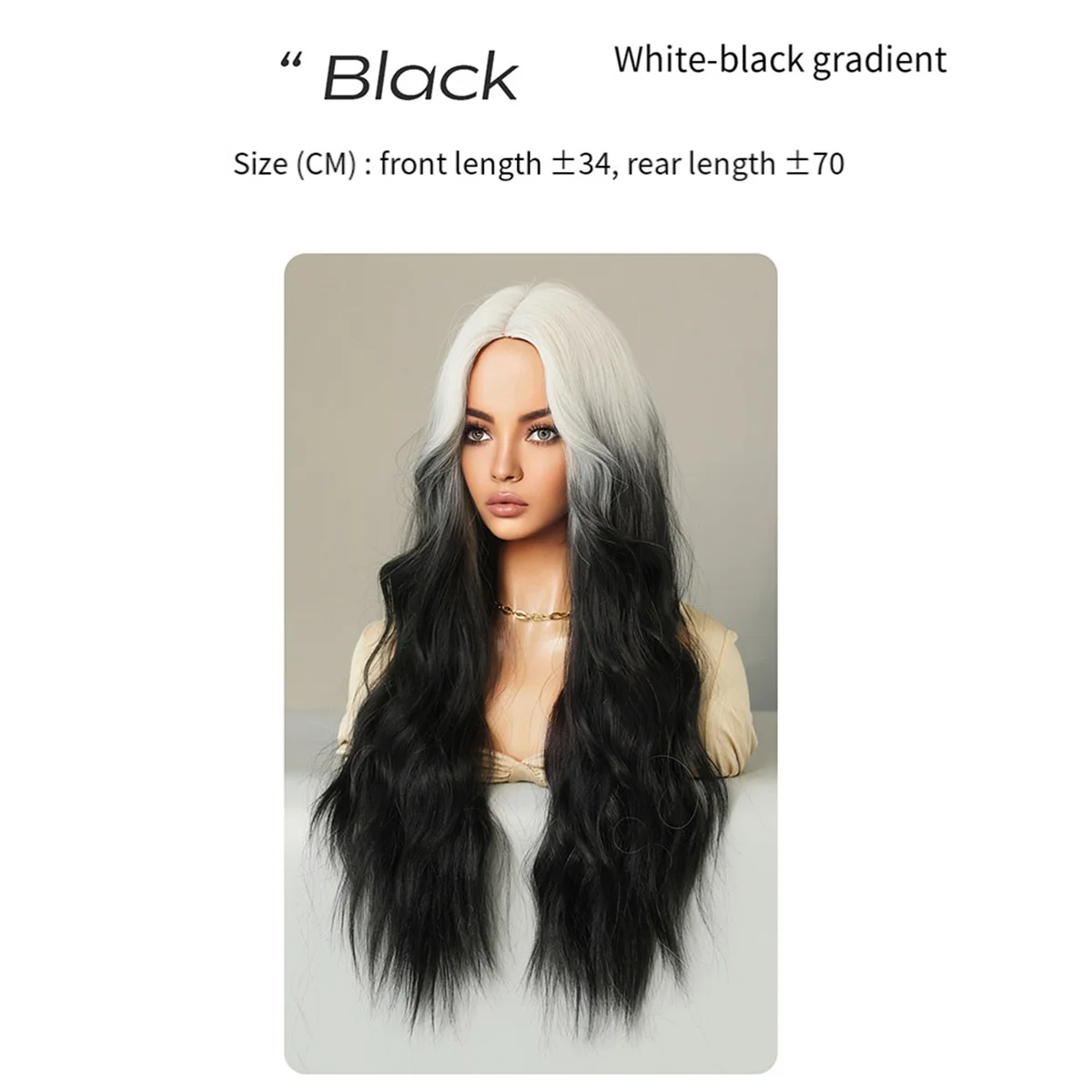 Cabelo longo encaracolado para mulheres, peruca repartida no centro com Franja, Ondulação de Água, Fibra Química, Gradiente Branco Preto, 70cm