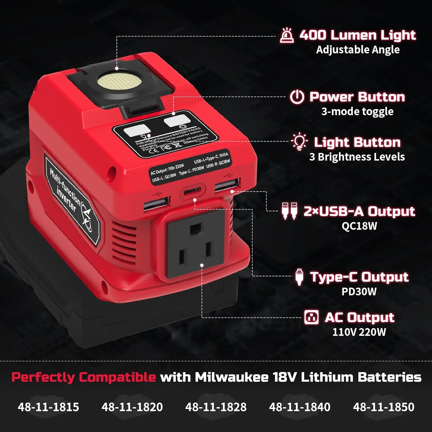Kzreect 220W Power Inverter Compatible with Mil-wau-kee 18V Battery, 18V to AC 110V, 4 Output & 300LM LED, Inverter for Camping