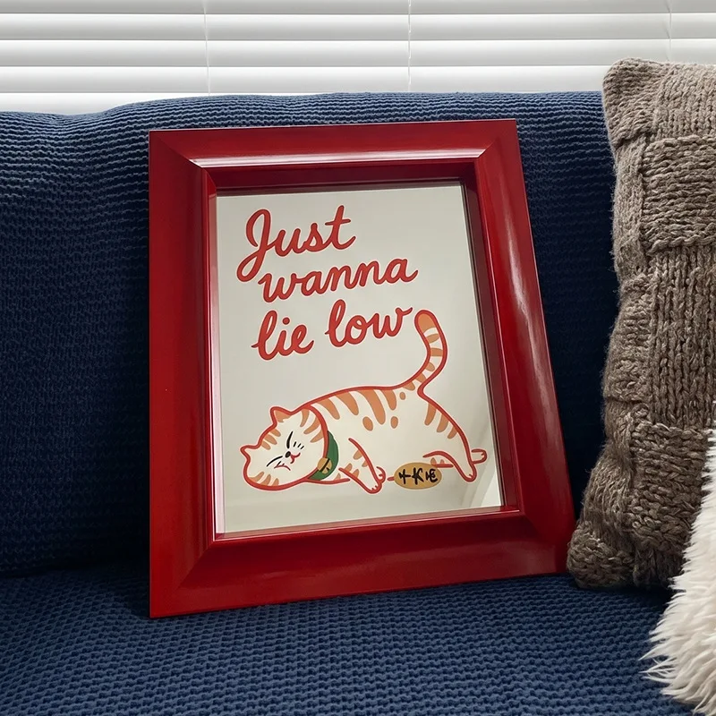 I just want to lie flat Lucky Cat retro fun mirror painting decorative painting red frame atmosphere entrance decorative mirror