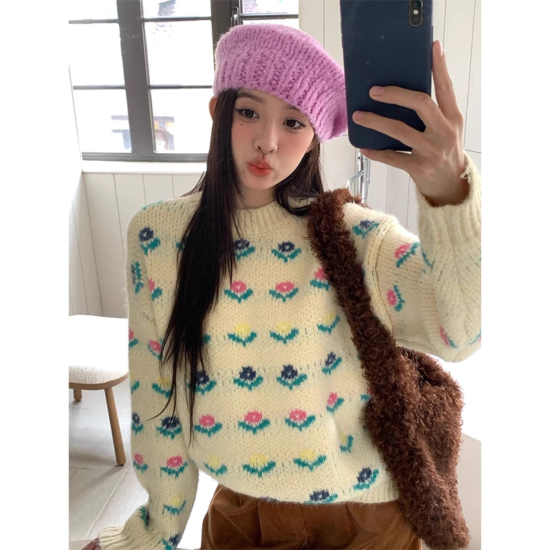

Harajuku Floral Sweater Women Cutecore Long Sleeve Knitted Pullovers Streetwear Korean Print Knitwears Winter Fashion Jumpers