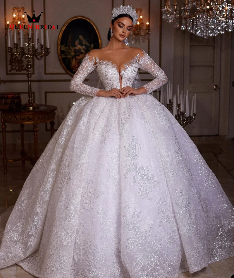 

Elegant Long Party Dresses for Wedding V-neck Long Sleeves Appliques Bridal Gowns Royal Train Arabic Vestido de novia Custom