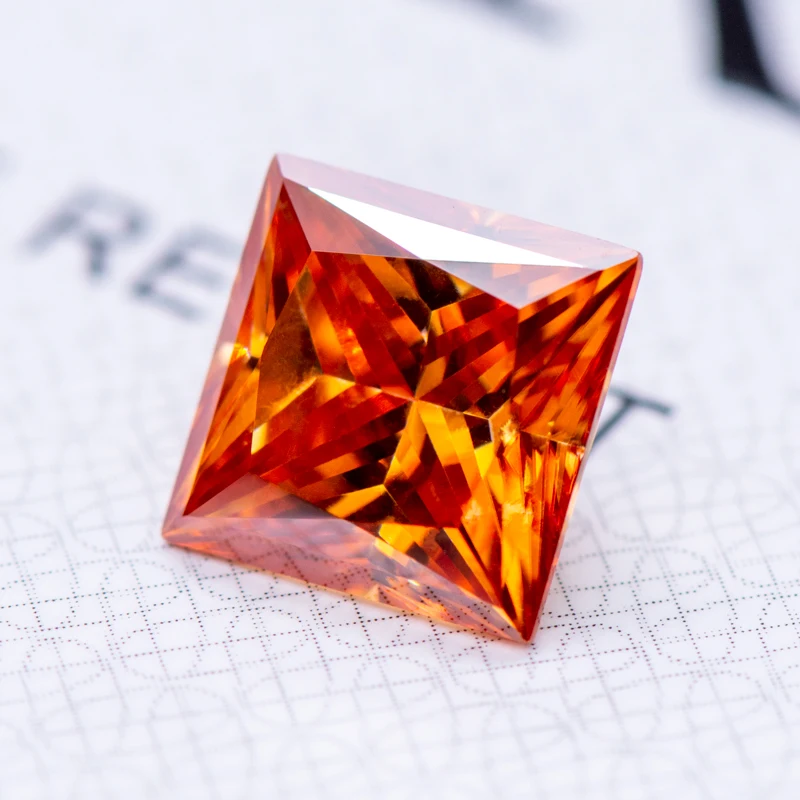 Moissanite Loose Stone Princess Cut Orange Colour Lab Created Diamond Gemstone Pass Diamond Tester with GRA Certificate