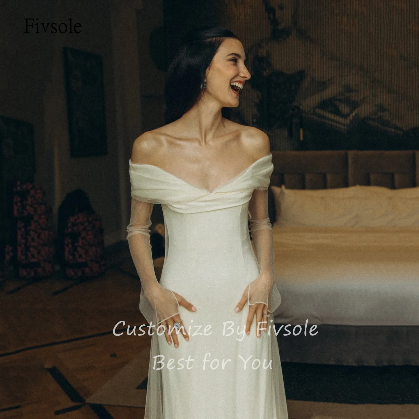 Gaun Pengantin Fivsole Elegan Model Off Shoulder Mermaid Tanpa Punggung dengan Mesh, Ekor Panjang, Gaun Pengantin Panjang Menyentuh Lantai, Dapat Dipesan Sesuai Ukuran