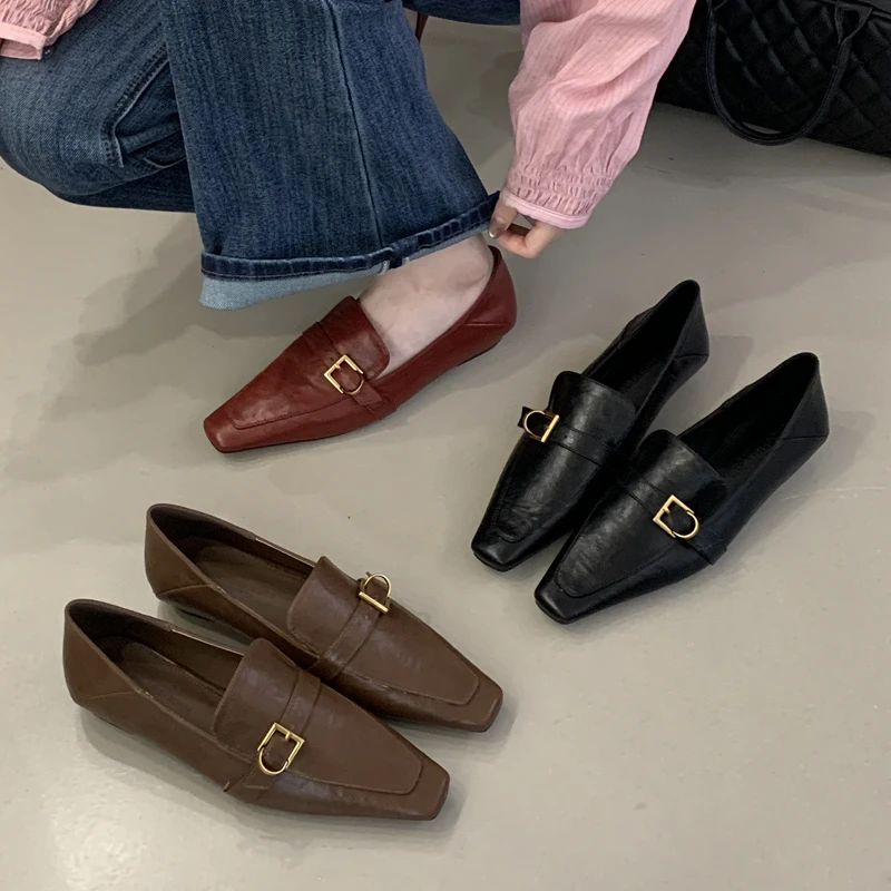 

SUOJIALUN Spring New Brand Women Flat Shoes Fashion Square Toe Slip On Single Shoes Soft Low Heel Outdoor Drees Elegant Boat Sho