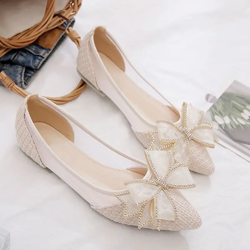 

Women's Flat Mesh Shoes Diamond with Bow Pointed Toe Ladies Footwear Casual Non Slip Luxury Brand Elegant and Fashionable Y2k On