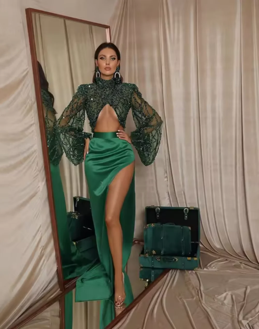 Abiti da sera con maniche ad aletta Dubai Abiti da sera scintillanti di cristallo con perline di lusso Abito da festa formale arabo Robe De Soiree