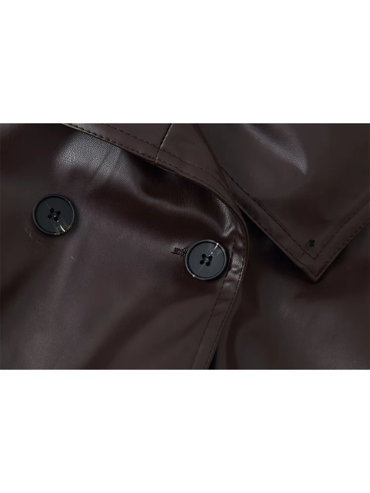 여성용 라펠 PU 가죽 벨트 크롭 코트 루즈핏 긴팔 빈티지 버튼업 PU 재킷 2025 신상 여성 스트리트웨어 의류