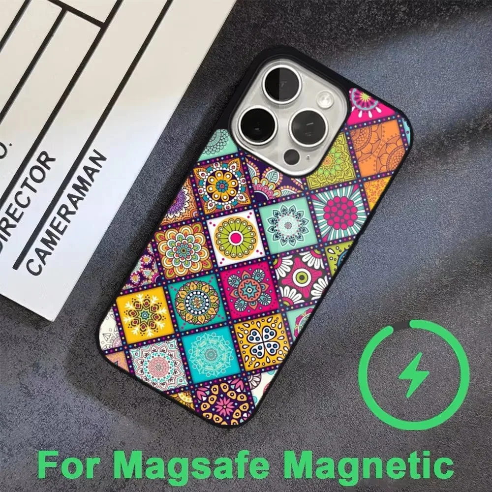 Kleurrijk patroon mandala telefoonhoesje voor iPhone 16,15,14,13,12,11,Pro,Max,Plus,Mini,Magsafe,Magnetische draadloze oplaadhoes