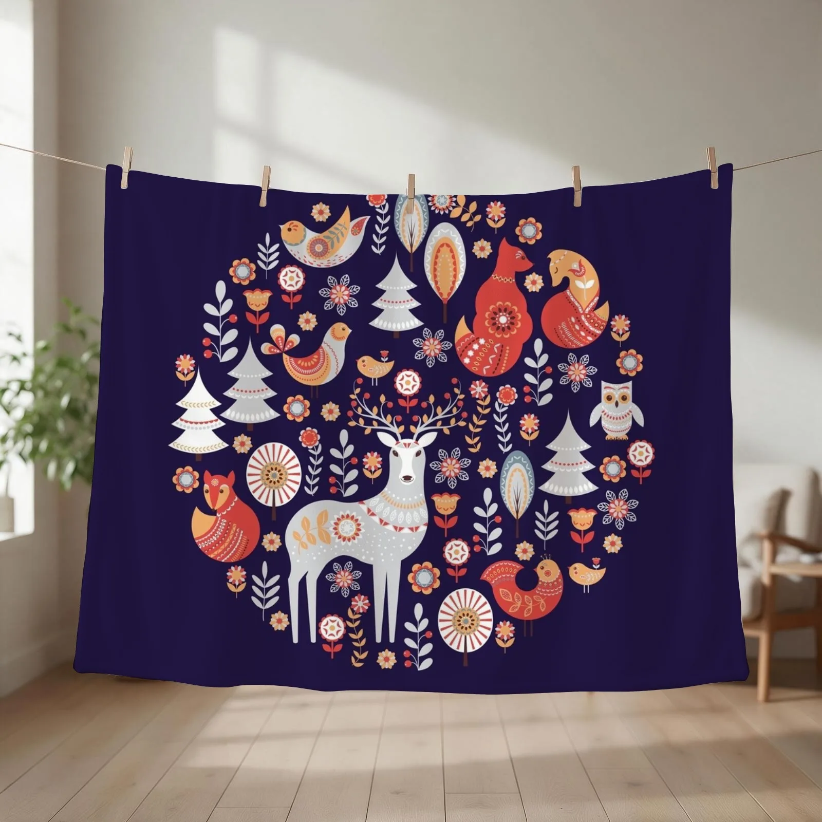 Fairy-tale forest. Foxes, deer, birds, owls, flowers and herbs on a blue background. Throw Blanket for babies Retros Blankets