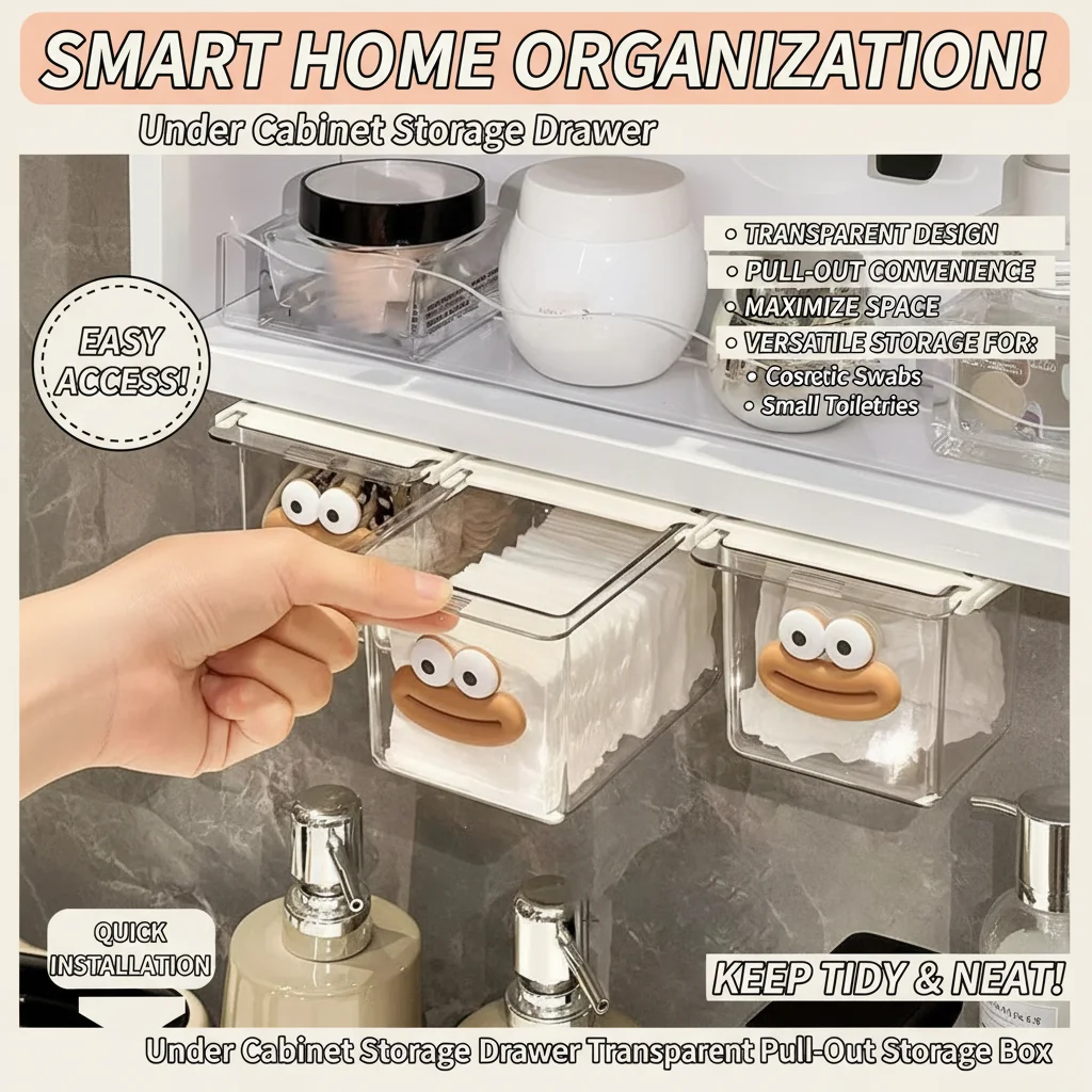 Under Cabinet Storage Drawer Transparent Pull-Out Storage Box for Textile products Toiletry Cotton Swabs Cosmetic Pads
