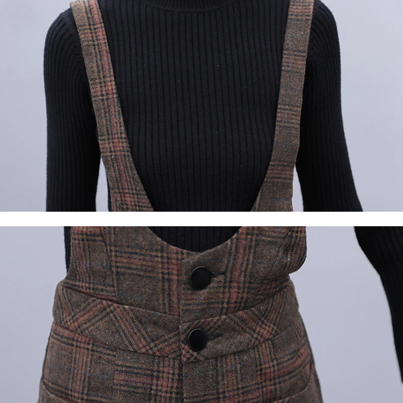 2024 Autumn Winter Plaid Woolen Jumpsuit Women High Waist Office Lady Jumpsuits Combinaison Femme Elegant Overalls