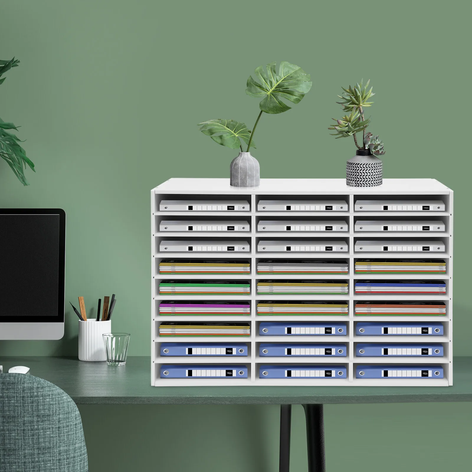 

PVC Desktop Literature Organizer with 27 Compartments 80*30.7*55.1cm Capacity 50kg for Home School Office White