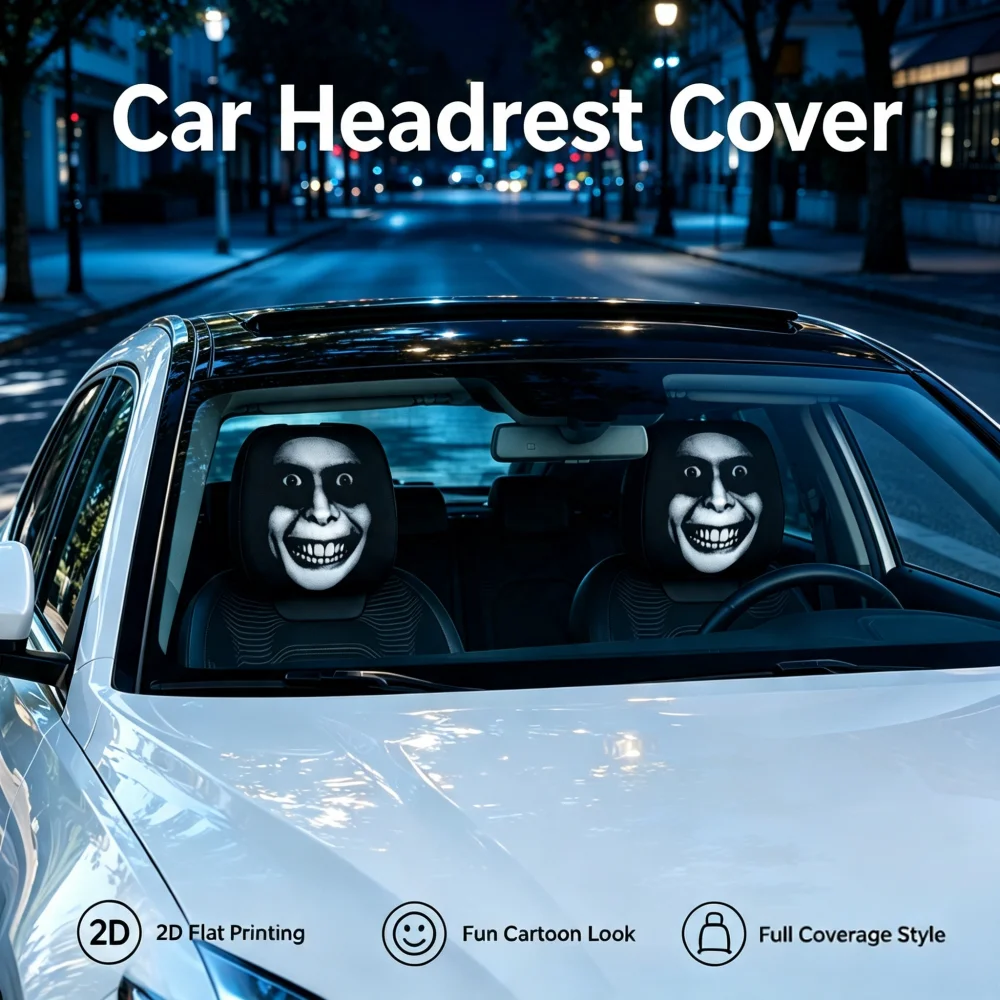 2PCS Scary Creepy Grinning Face Car Headrest Cover , Halloween Themed Decorations, 2D Printed, Highly Elastic Soft Universal