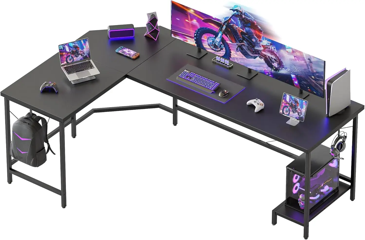 

66 Inch Large L-Shaped Gaming Desk with CPU Stand & Hooks, Black Computer Desk for Home Office