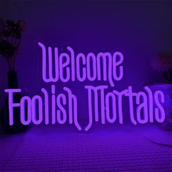 Welcome Foolish Mortals Led Neon Signs Wall Art Decor Dimmable USB Powered for Halloween Party Bar Spooky Gothic Haunted Mansion