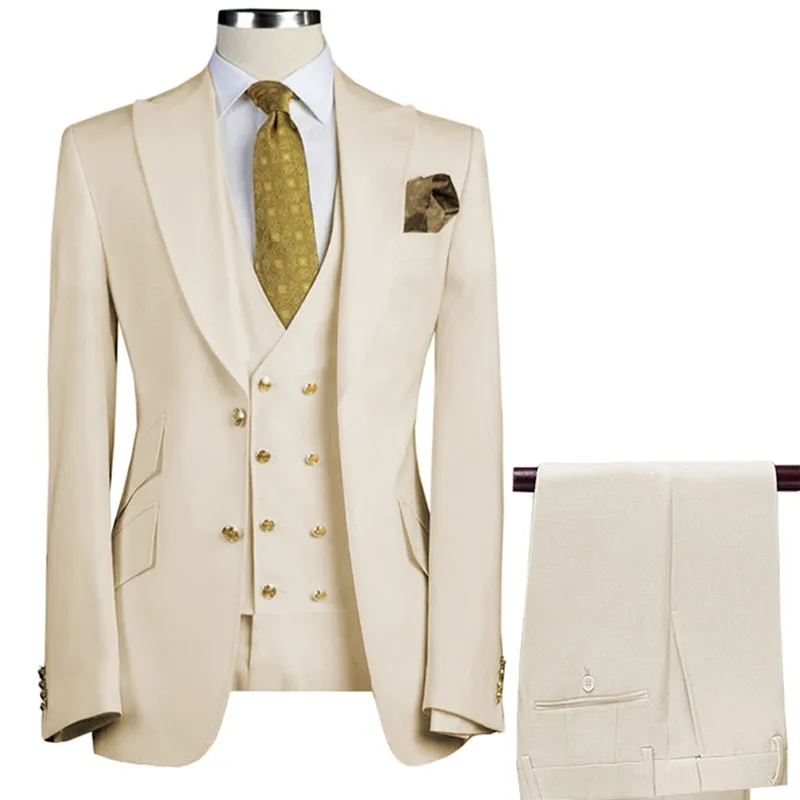 

3 Pcs Set Suit Pants Vest Double breasted Fashion Men's Casual Boutique Business Groom Wedding Jacket Blazers Coat