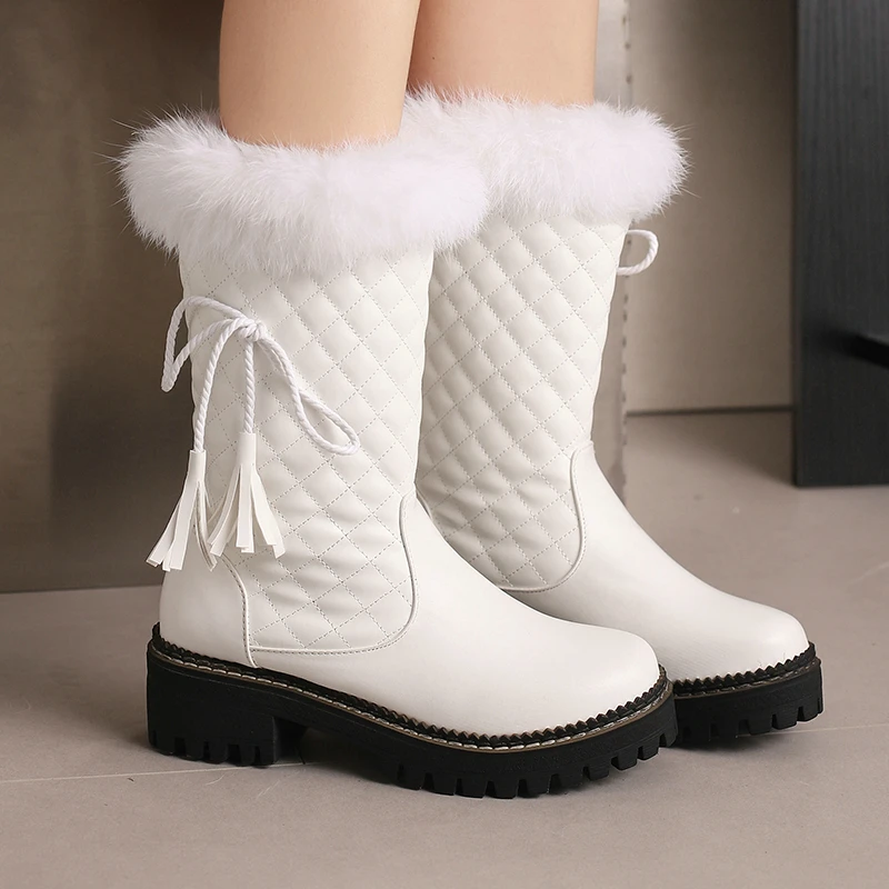 Quilted Pattern Faux Fur Plush Lined Warm Snow Boots Red White Platform Square Med Heels Flats Women's Shoes for Cold Weather