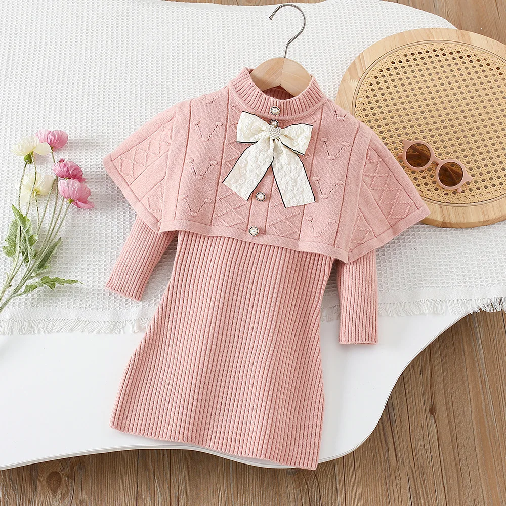 Girls Cape Style 2-Piece Knit Dress Set – Solid Long Sleeve Bow Tie Tunic & Skirt, Korean Winter Casual Outfit