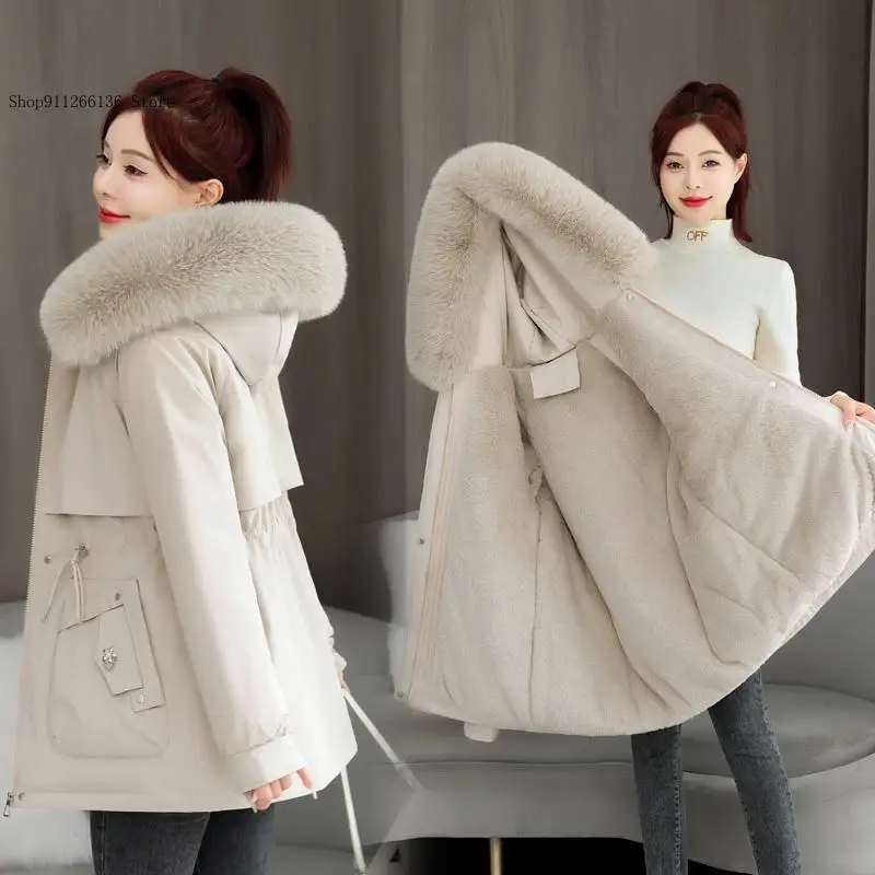 Coat Hooded Cotton Padded Outerwear Women's Thiened Fce Lined Cotton Jaet Winter Sle Waist Cinched Parka