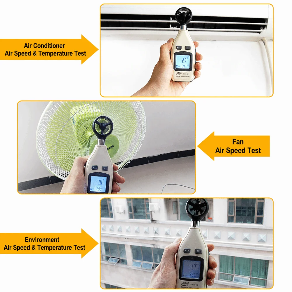 Handheld Mini Digital Anemometer GM816A Model LCD Backlight Wind Speed Meter Dual Wind&Temp 9V Battery Powered Air Flow Tester
