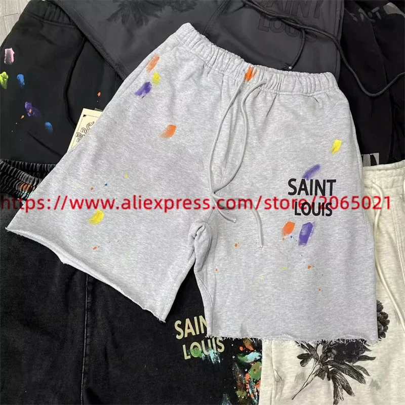 Vintage SAINT LOUIS Shorts Men Women Best Quality Drawstring Splash Ink Graffiti Breeches