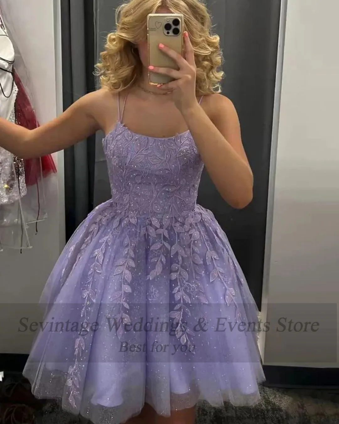 Sevintage Lavender Shiny Tulle krótkie suknie balowe aplikacje koronkowy gorset powrót suknie koktajlowe Homecoming sukienka przyjęcie z okazji ukończenia szkoły